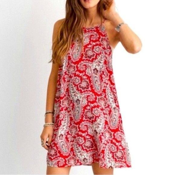 American Eagle Red Paisley A-Line Halter Mini Dress, Size XXS - Picture 1 of 10